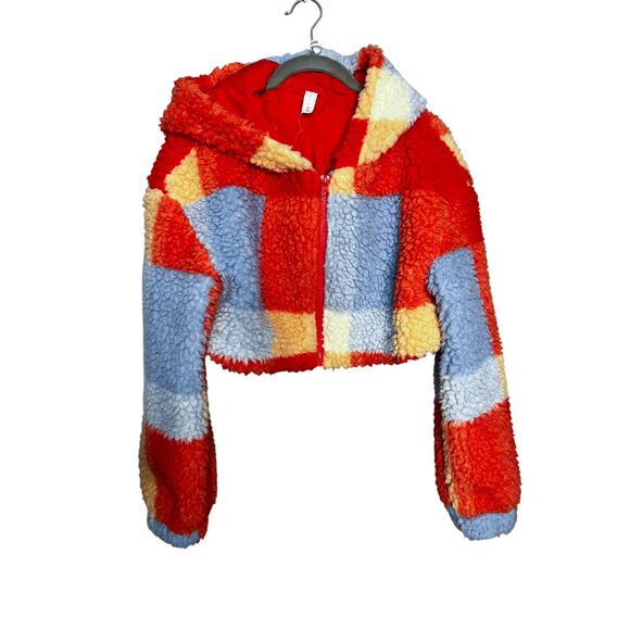 Anthropologie Daily Practice Faux Shearling Crop Zip-Up Jacket Orange Plaid XS - Picture 6 of 9
